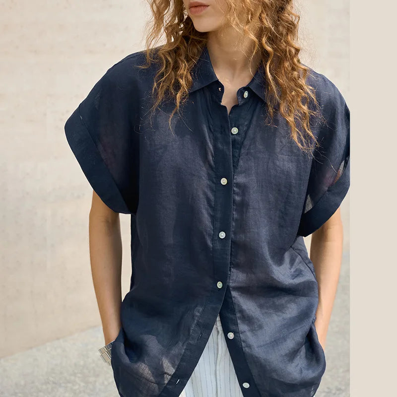 Women's Ramie Short Sleeve Shirt Loose Casual