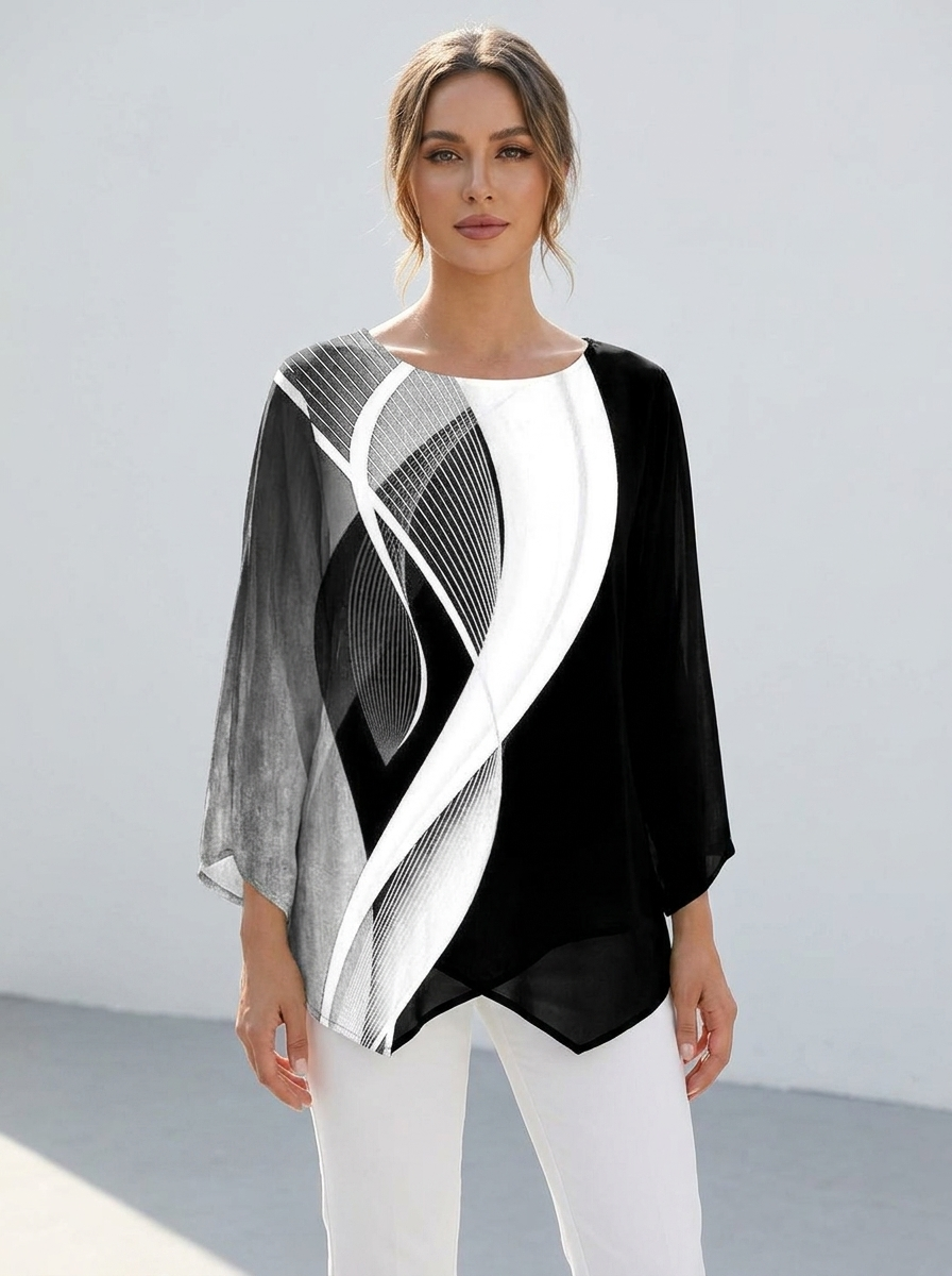 Fleur | Women's Geometric Print Long-Sleeve Relaxed Tunic Top