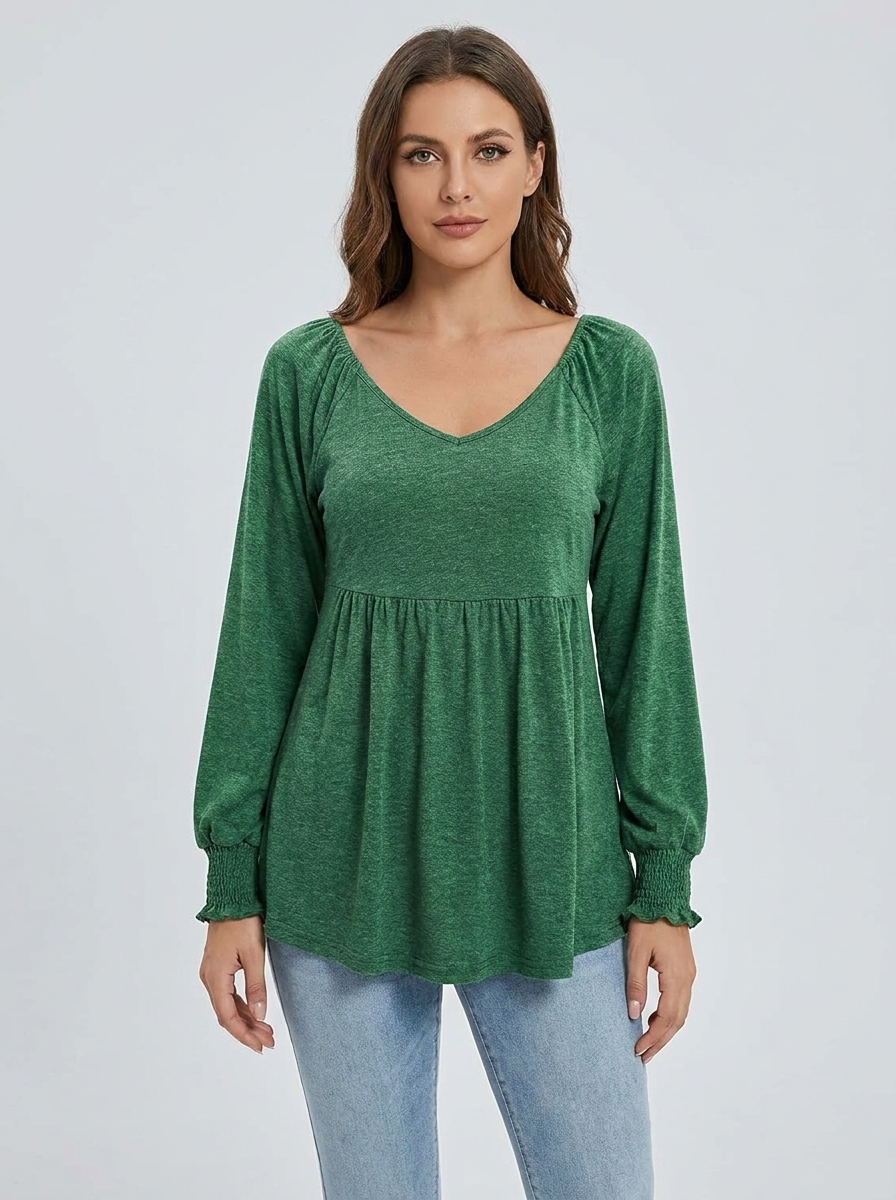 Ninon | Women's Babydoll V-Neck Long-Sleeve Smocked-Cuff Tunic