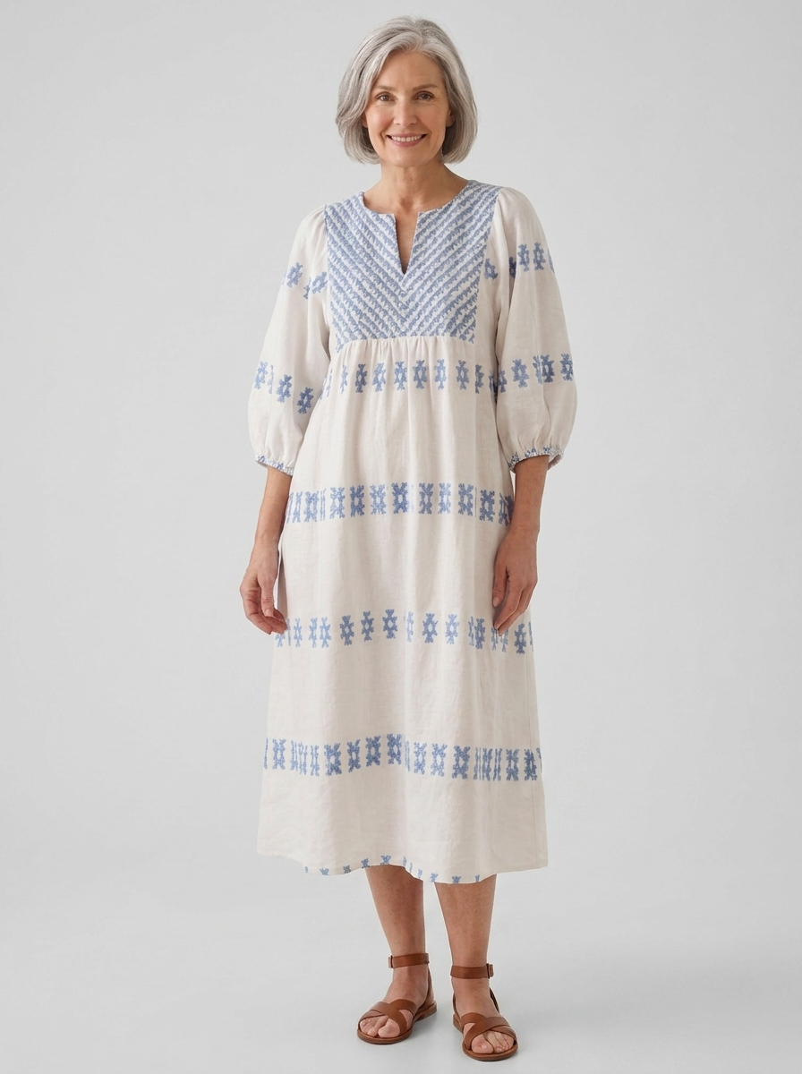 Isaure | Women's Embroidered V-Neck Long-Sleeve Midi Dress