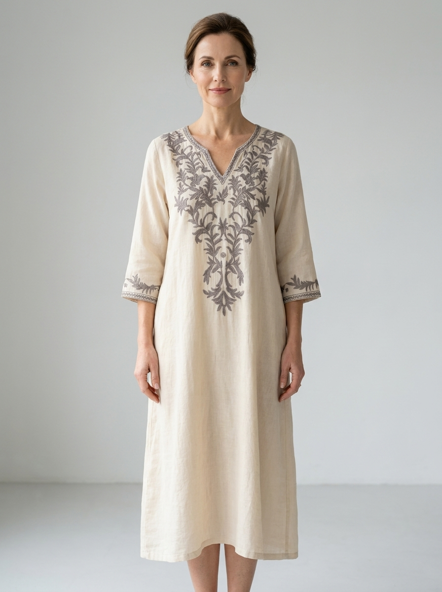 Melisande | Women's Embroidered Cotton-Linen Midi Dress