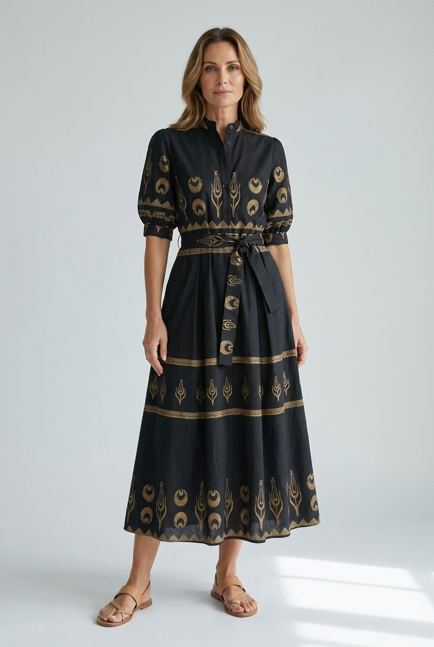 Philomene | Women's Boho Printed Belted Midi Dress