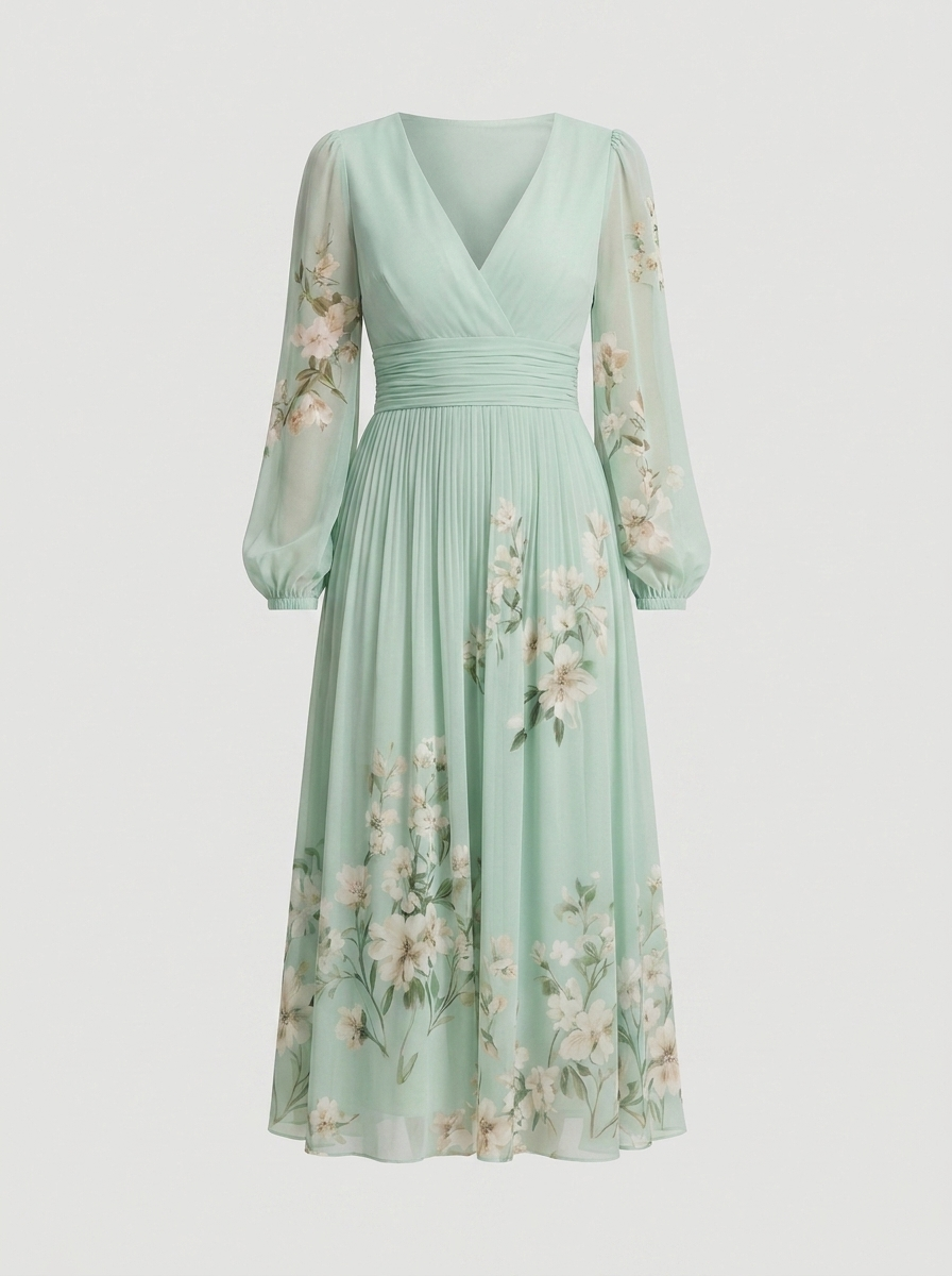Freya | Women's Floral V-Neck Balloon-Sleeve Midi Dress