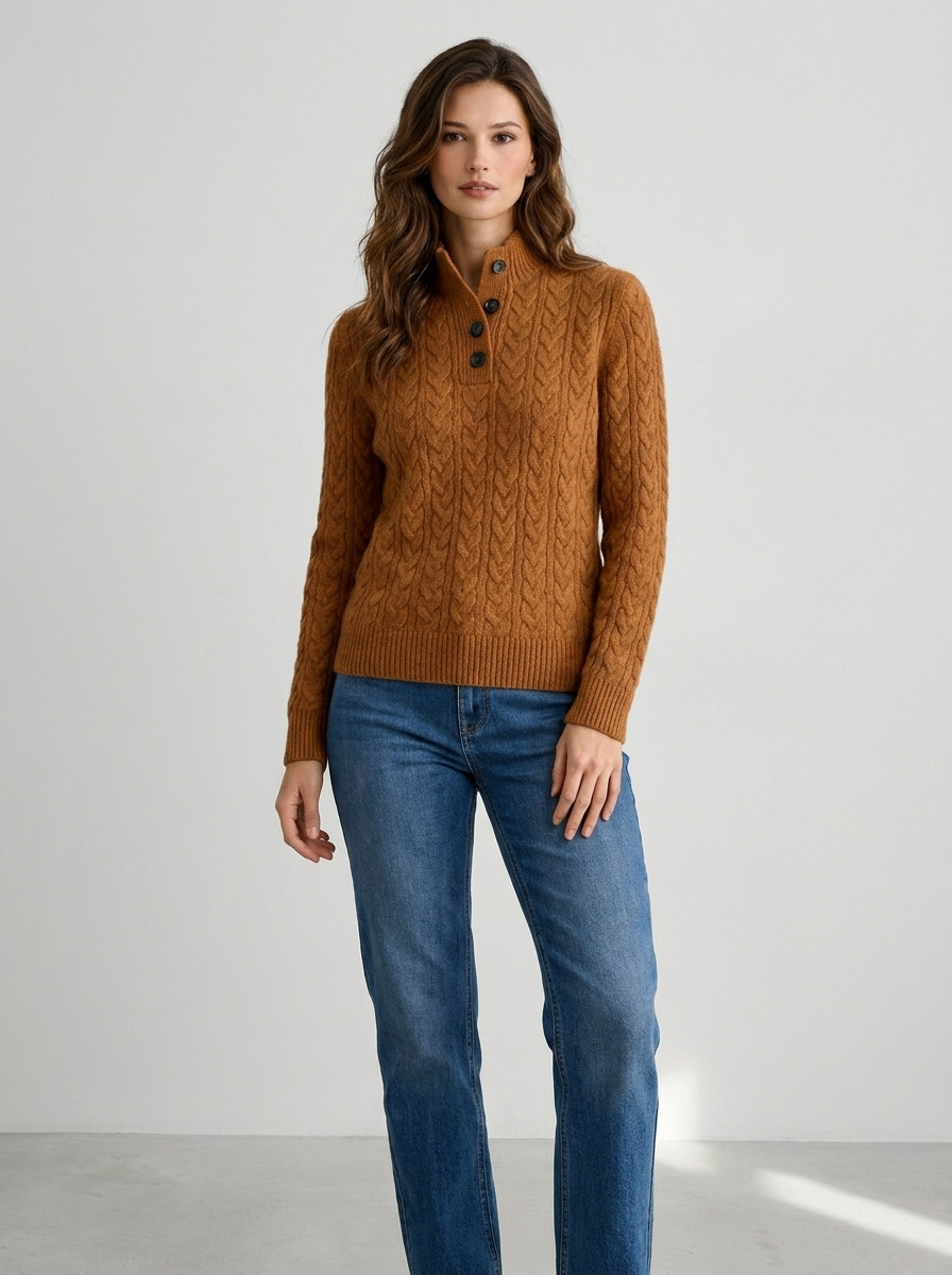Henriette | Women's Cable Knit Mock-Neck Button Sweater