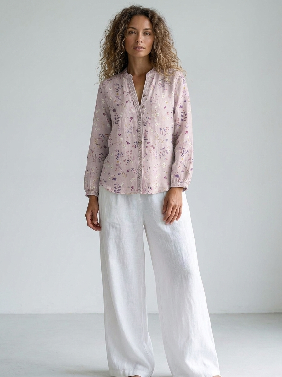 Cosette Women's Boho Linen Button-Down Blouse in Light Pink ditsy floral print