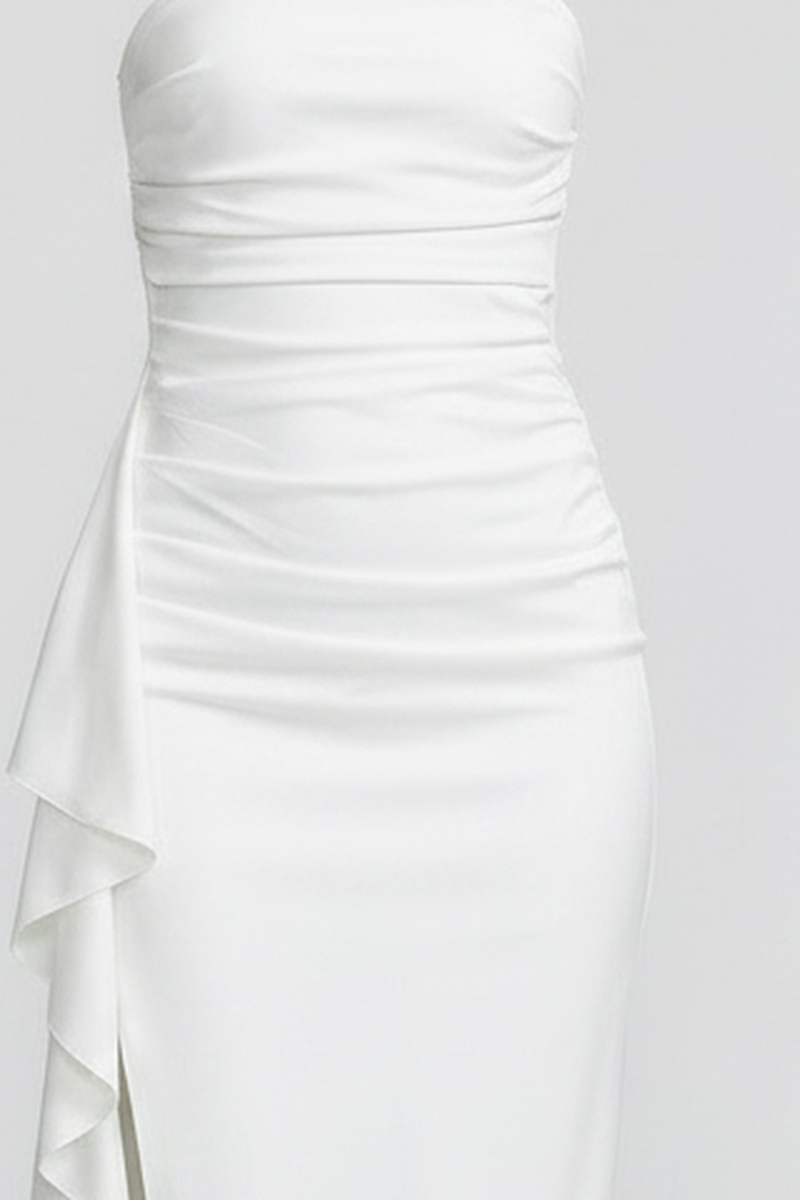 Freya white satin strapless wrap maxi dress ruched bodice and ruffle detail