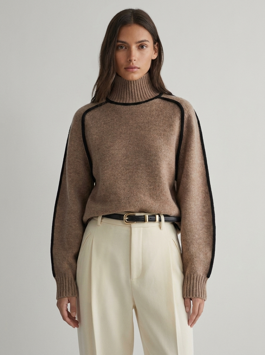 Beatrix Women's Contrast-Piped Turtleneck Knit Sweater in Brown - front