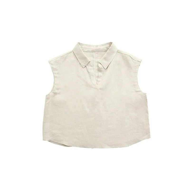 Women's Linen Sleeveless Crop Top Lapel Summer