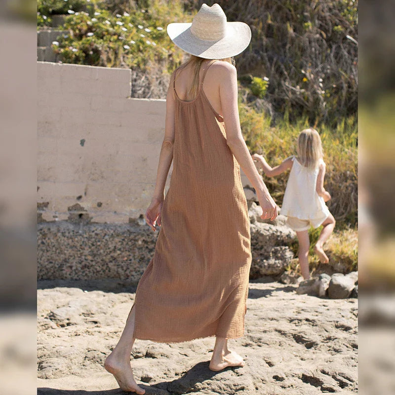 Women's Cotton Midi Dress Spaghetti Strap Loose