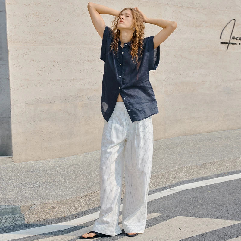 Women's Ramie Short Sleeve Shirt Loose Casual