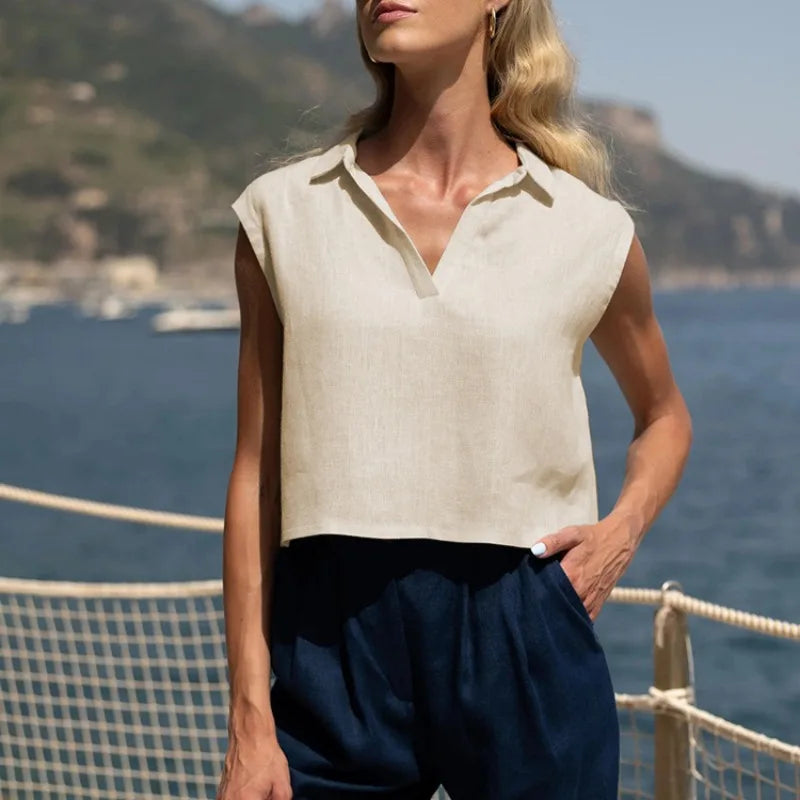 Women's Linen Sleeveless Crop Top Lapel Summer