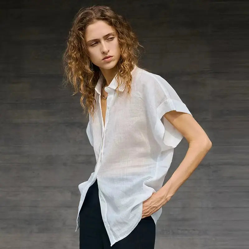 Women's Ramie Short Sleeve Shirt Loose Casual