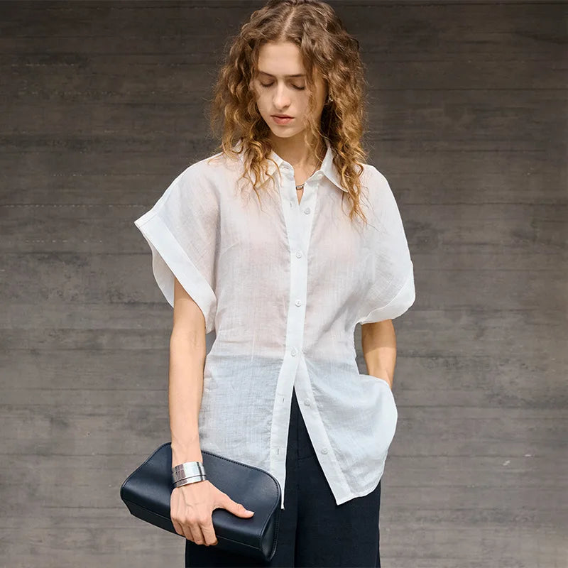 Women's Ramie Short Sleeve Shirt Loose Casual
