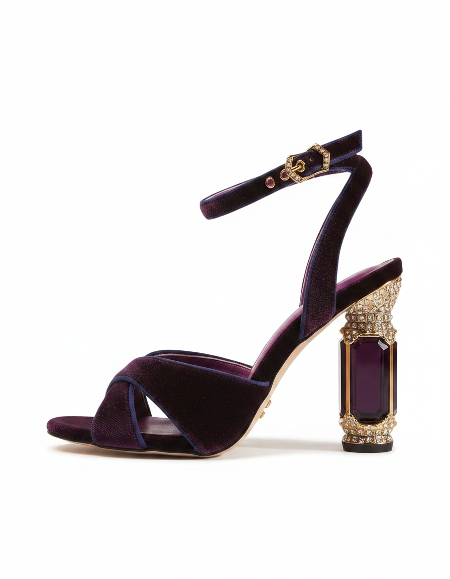 Blythe | Women's Velvet Vintage Heeled Sandals in Purple