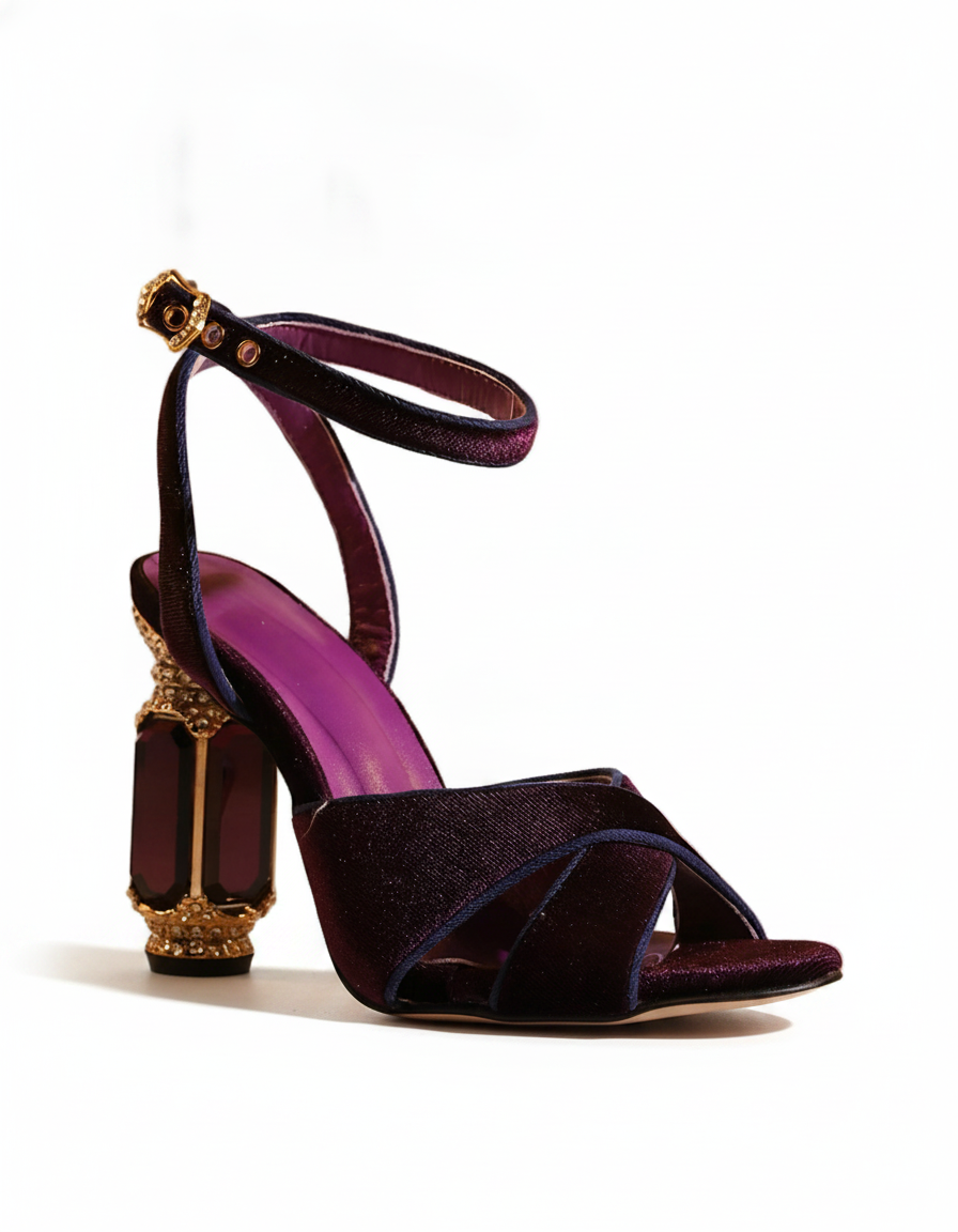 Blythe | Women's Velvet Vintage Heeled Sandals in Purple