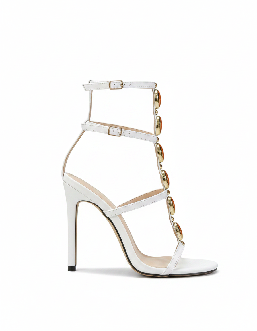 Brigida | Women's Golden Beads Cage Heeled Sandals in White