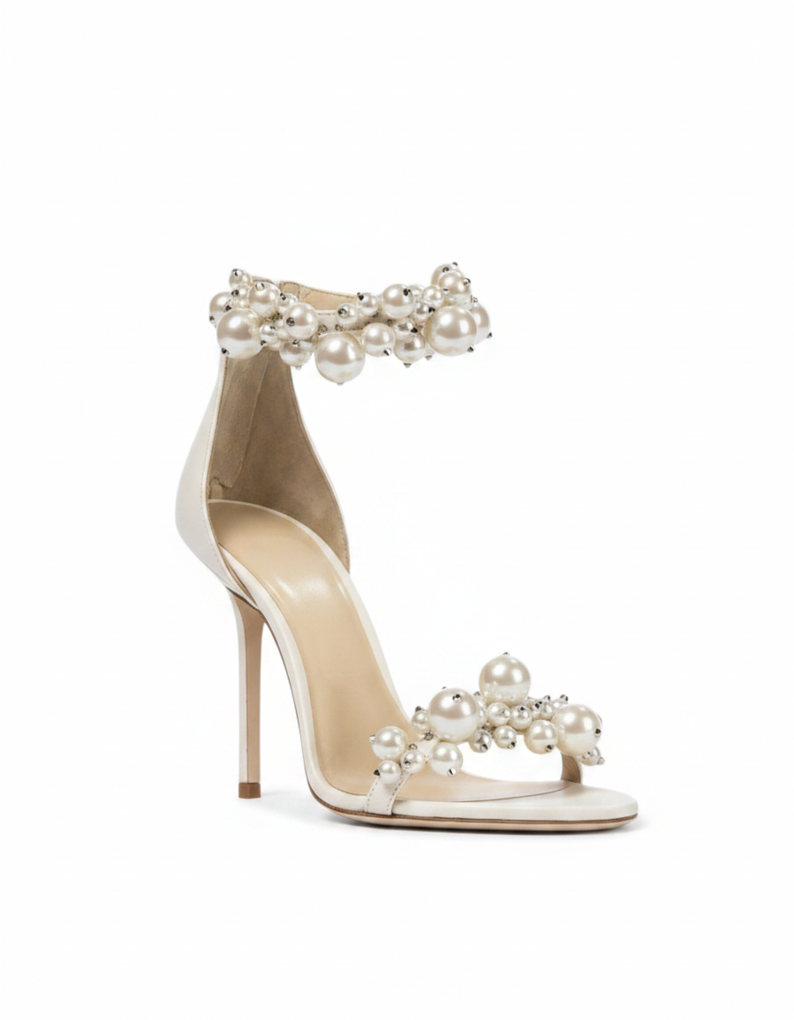 Buffy | Women's Pearl Strap Heeled Sandals in White