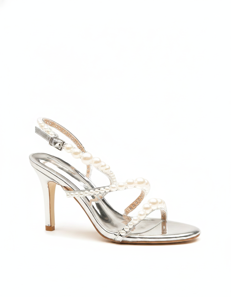 Damiana | Women's Pearl Lace-Up Heeled Sandals in Silver