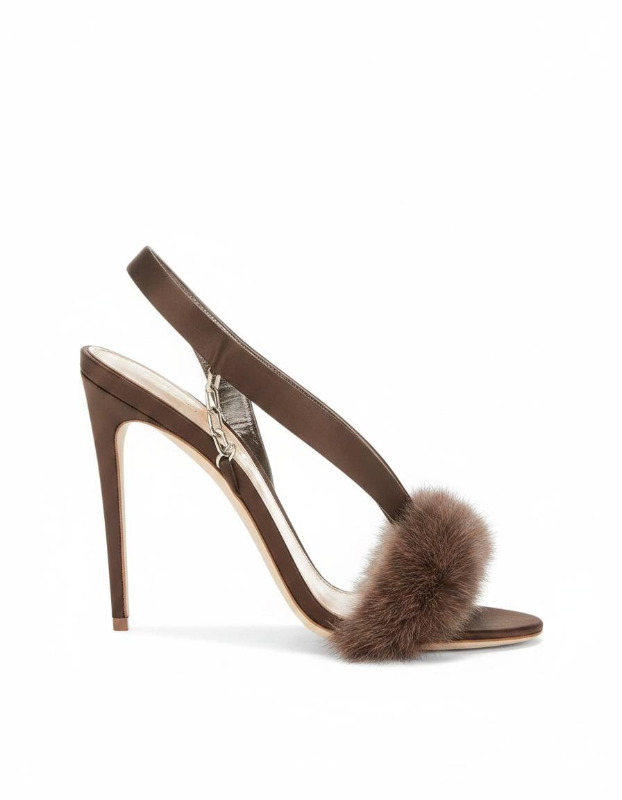 Devin | Women's Faux Fur Slingback Heeled Sandals in Brown