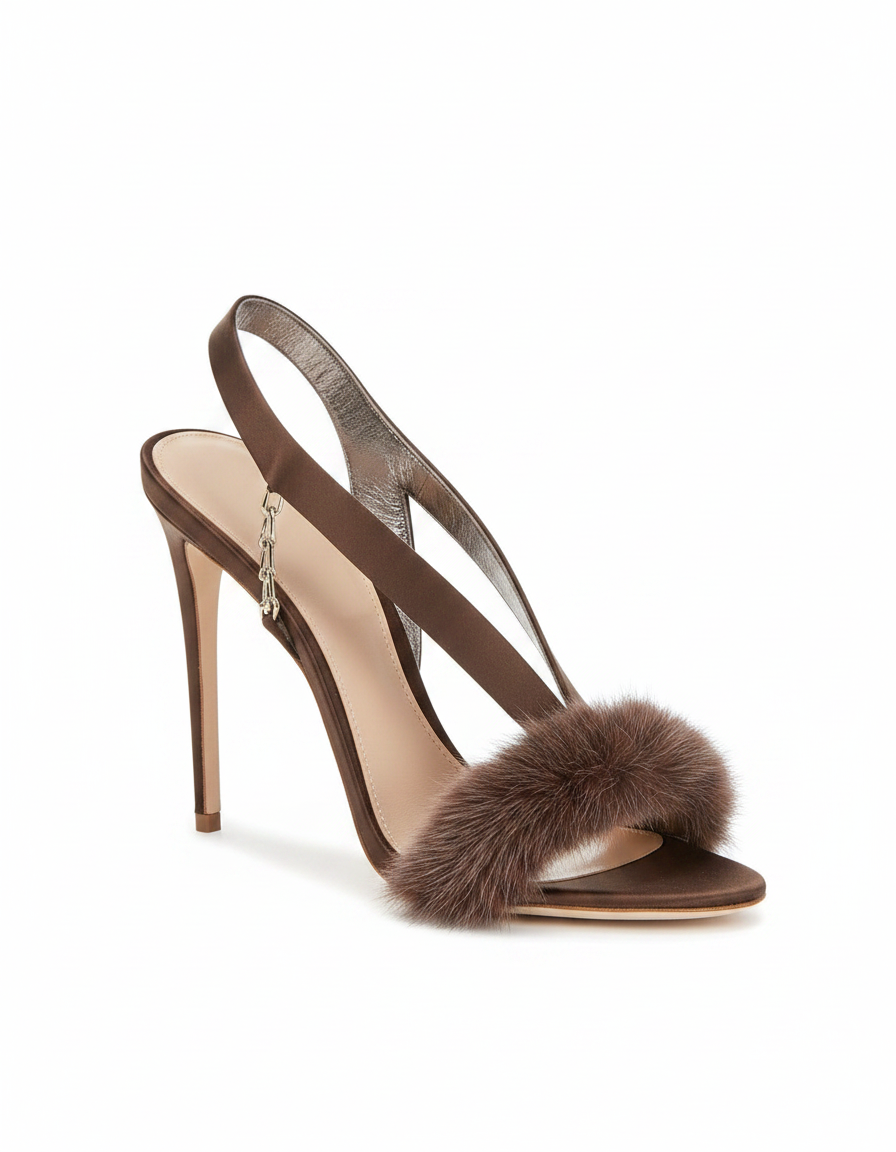 Devin | Women's Faux Fur Slingback Heeled Sandals in Brown