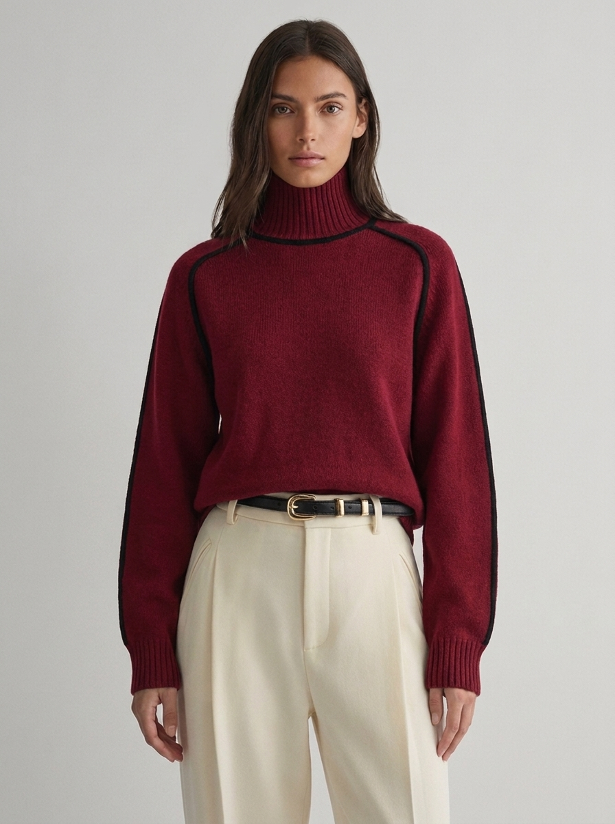 Beatrix Women's Contrast-Piped Turtleneck Knit Sweater in Red