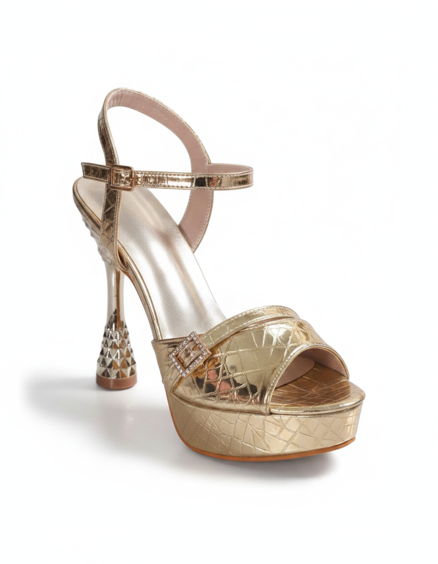 Eleni | Women's Textured Platform Flared Heel Sandals in Gold