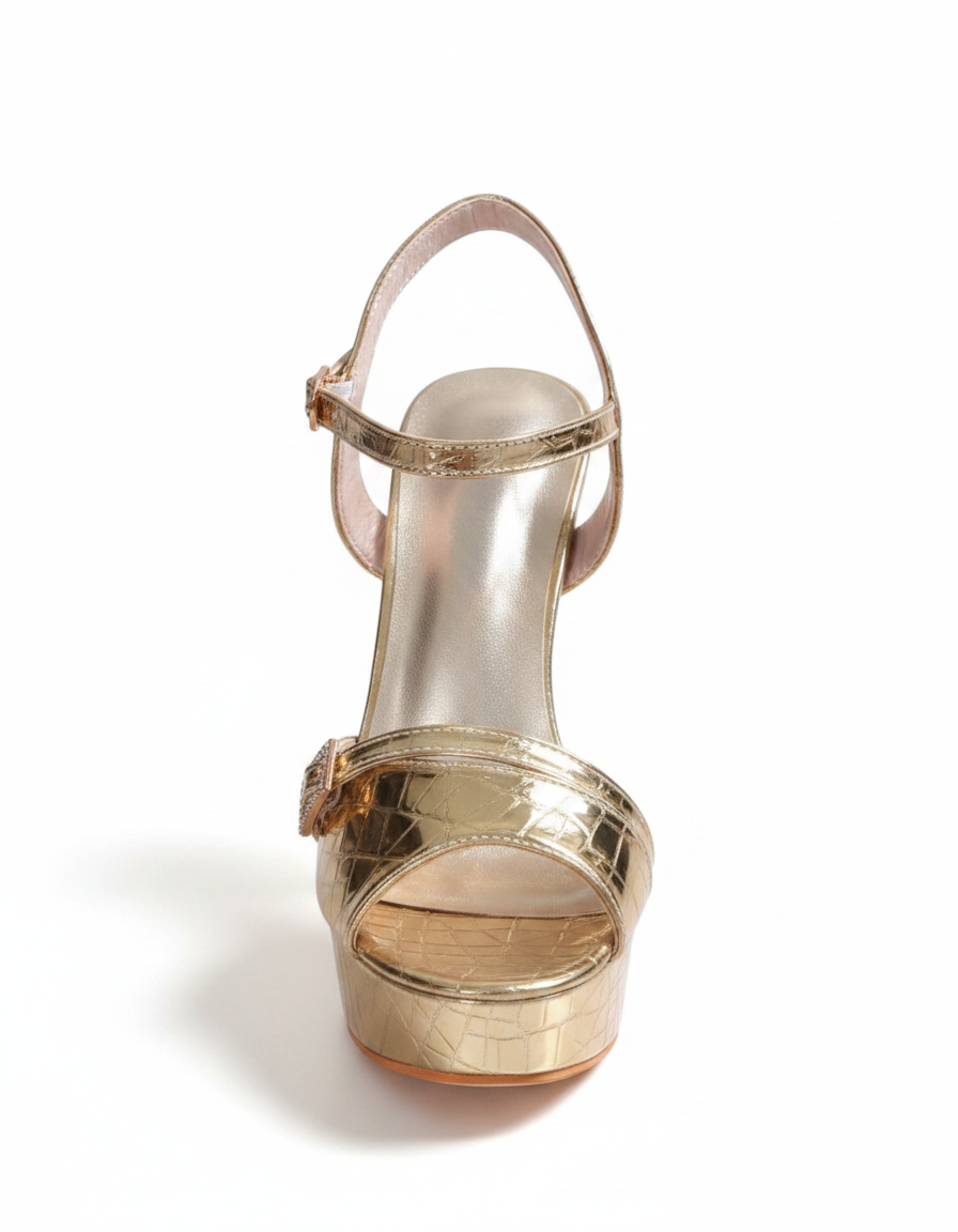 Eleni | Women's Textured Platform Flared Heel Sandals in Gold