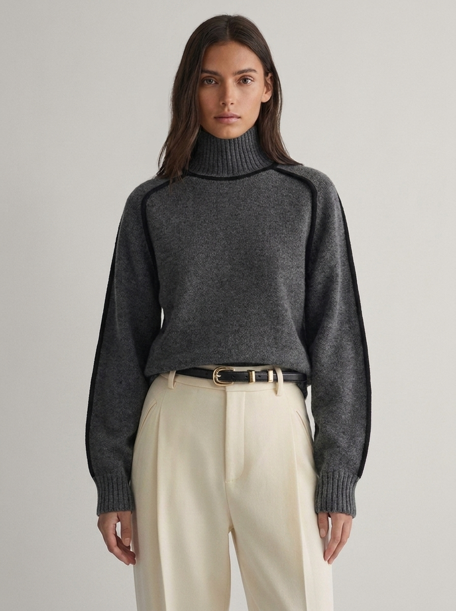 Beatrix Women's Contrast-Piped Turtleneck Knit Sweater in Gray
