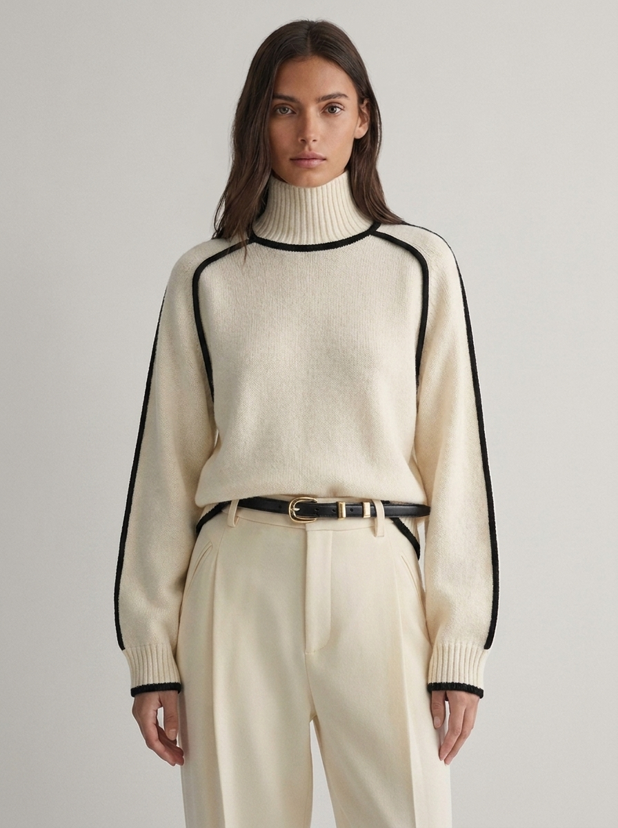 Beatrix Women's Contrast-Piped Turtleneck Knit Sweater in White