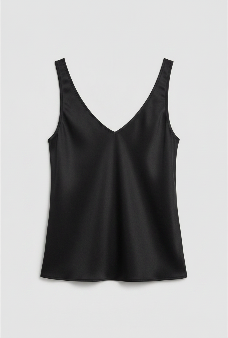 Freya satin V-neck camisole in black, back view