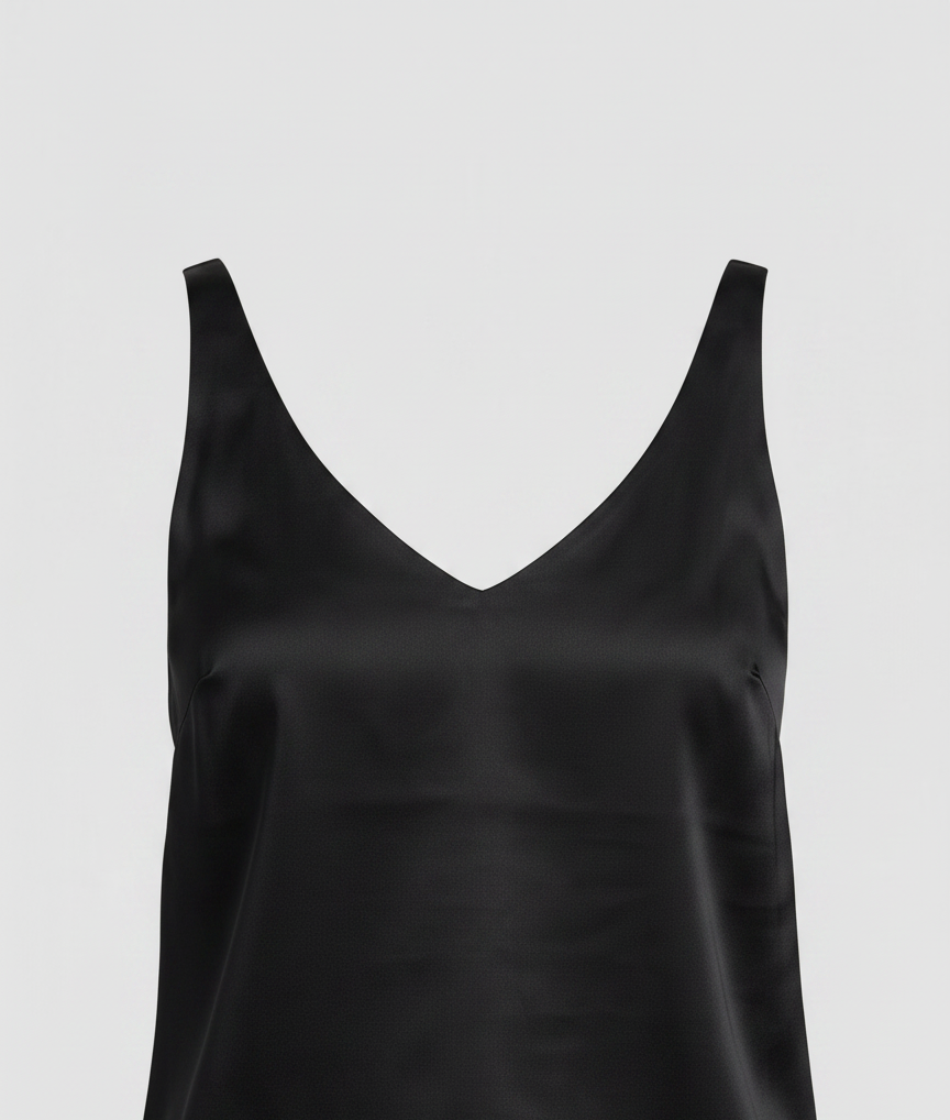 Freya satin V-neck camisole in black, fabric detail
