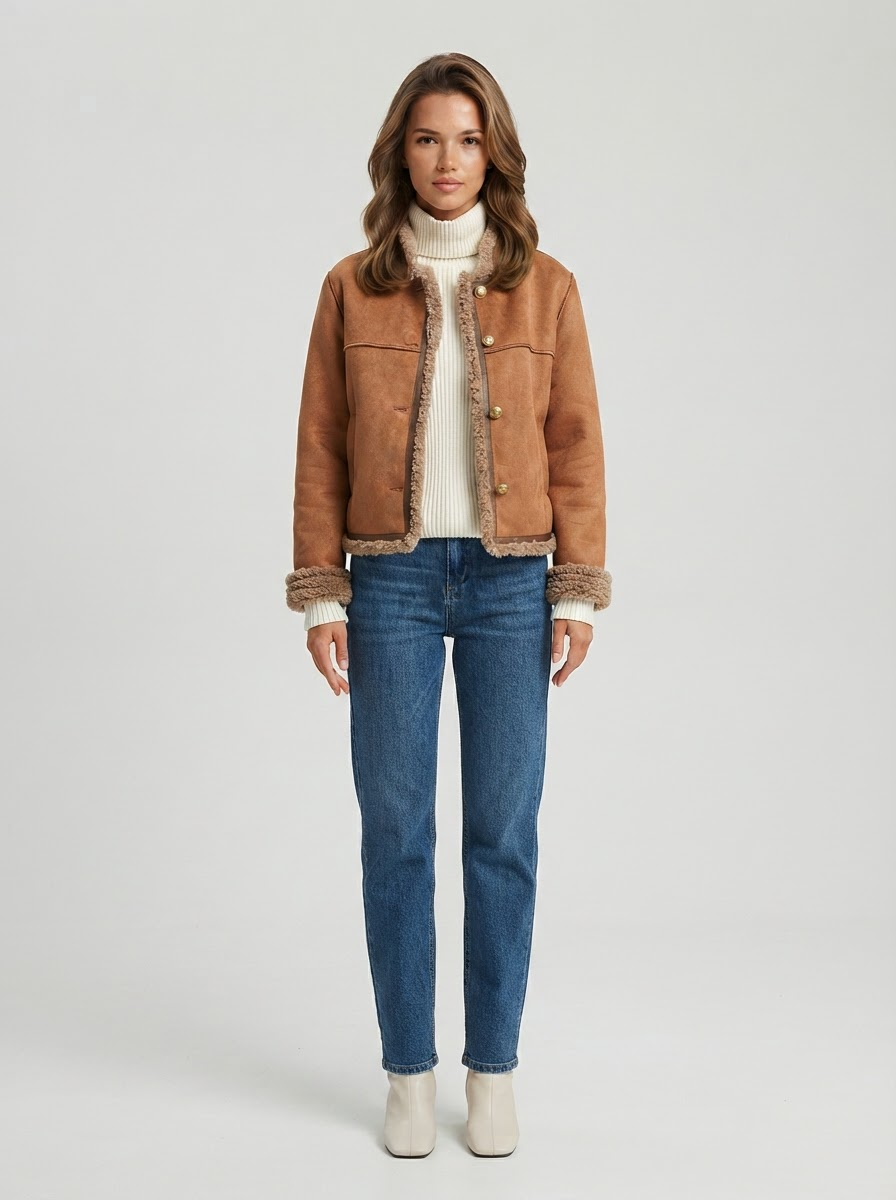 Anouk | Women's Faux Shearling Button-Front Cropped Jacket