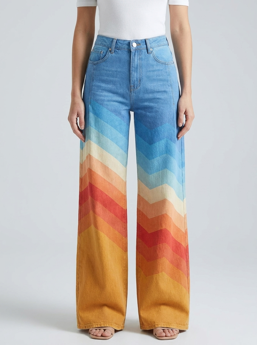 Model wearing Ingrid women's retro chevron print wide-leg trousers, front full-body view