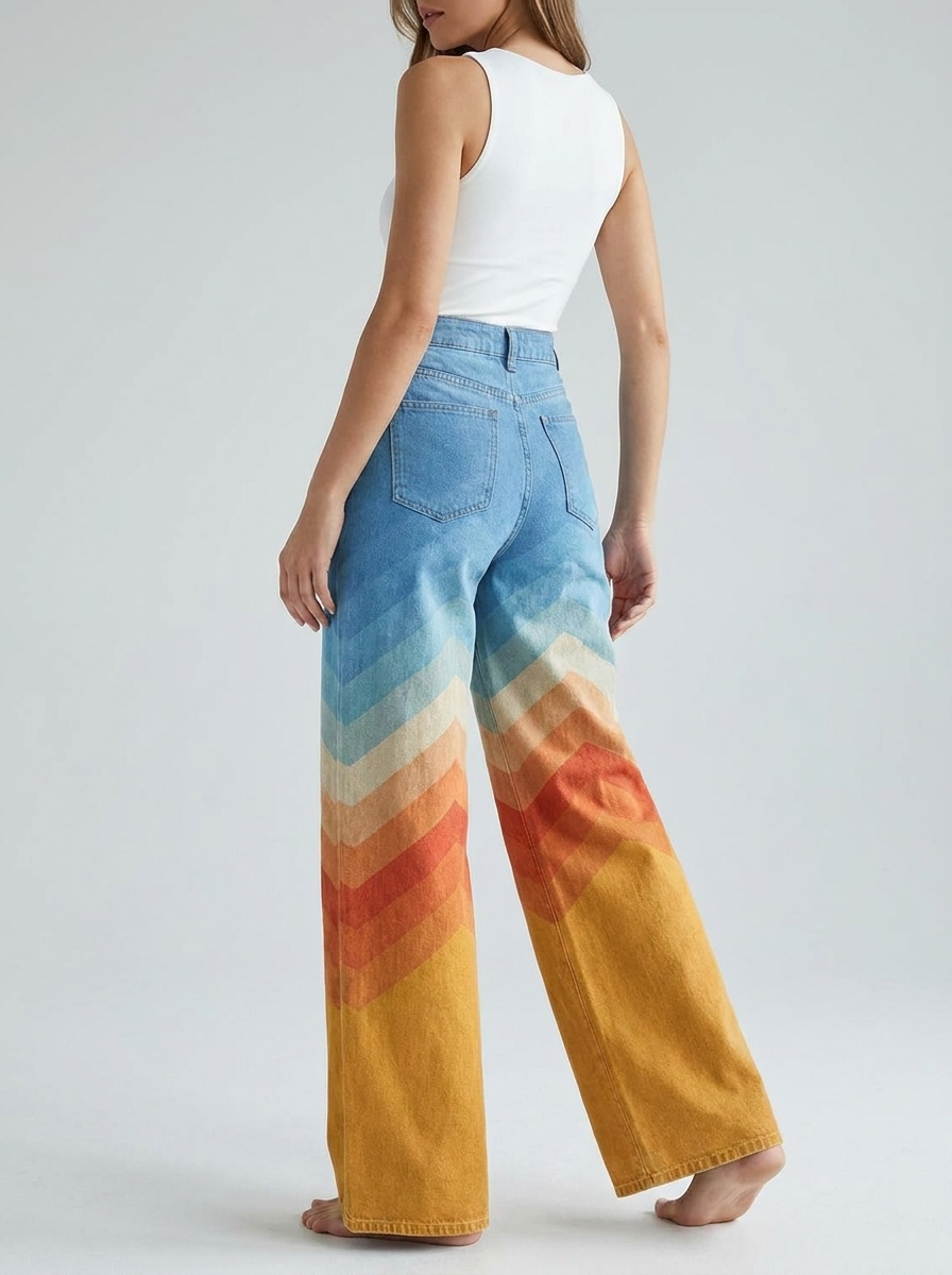 Model wearing Ingrid women's retro chevron print wide-leg trousers, back three-quarter view