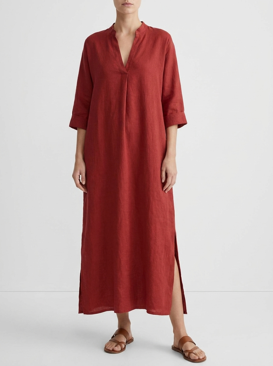 Annelise women's relaxed V-neck linen blend maxi dress in red, studio model front full-body view