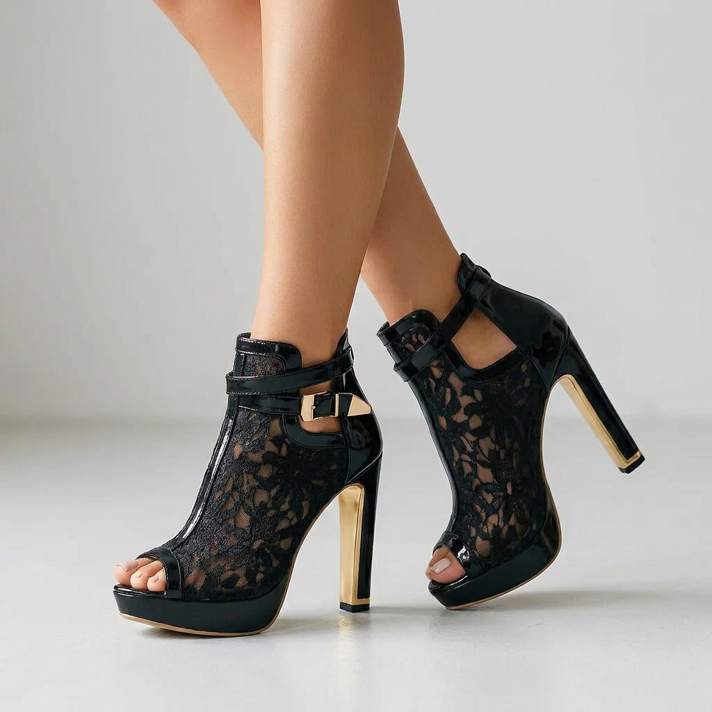 Rosalind floral lace peep-toe ankle-strap heels in classic black worn on foot, editorial studio shot