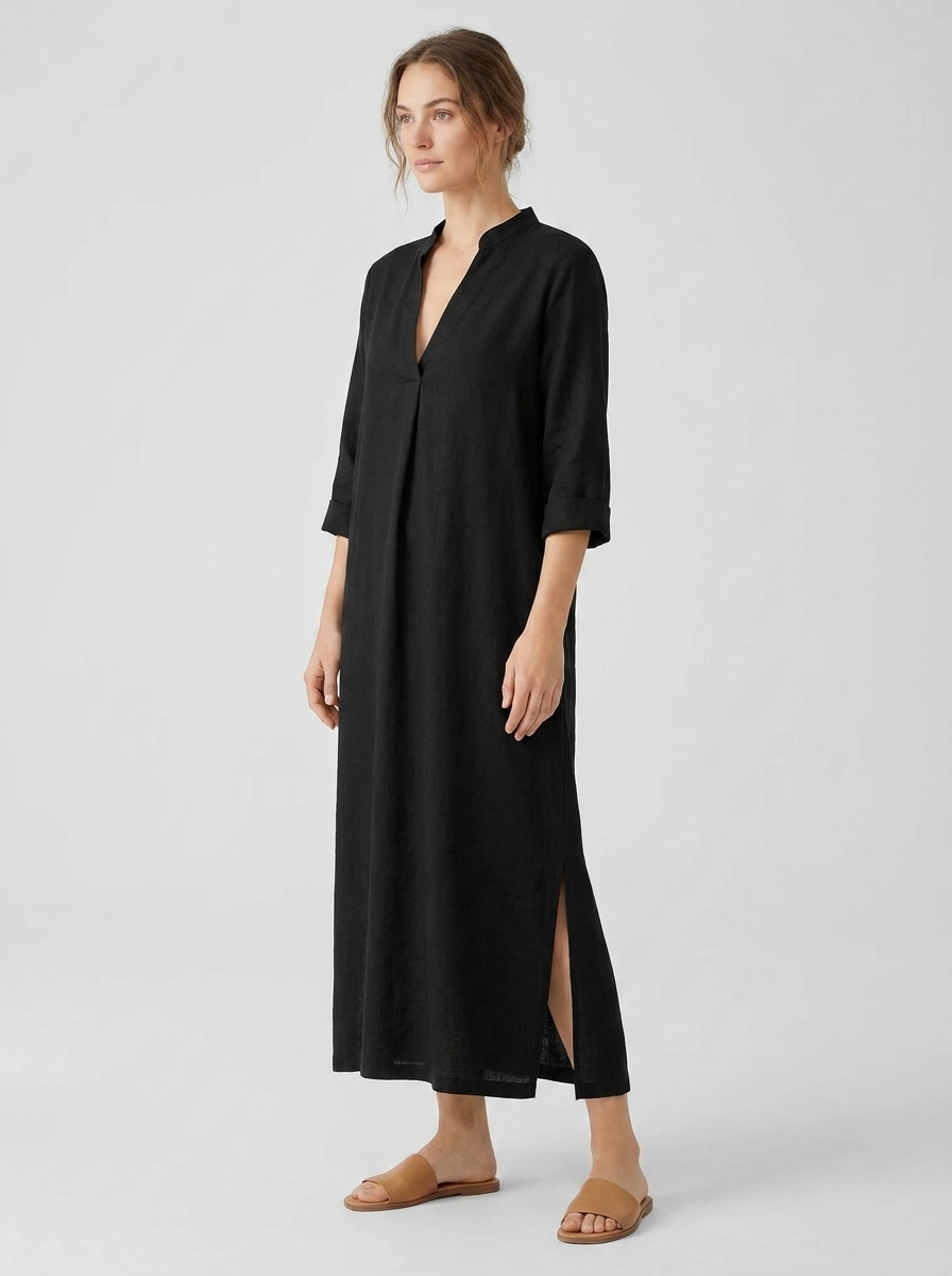 Annelise women's relaxed V-neck linen blend maxi dress in black, studio model three-quarter view