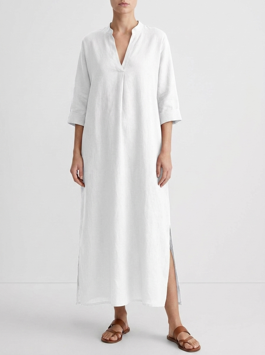 Annelise Women's Relaxed V-Neck Linen Blend Maxi Dress in White, model front view