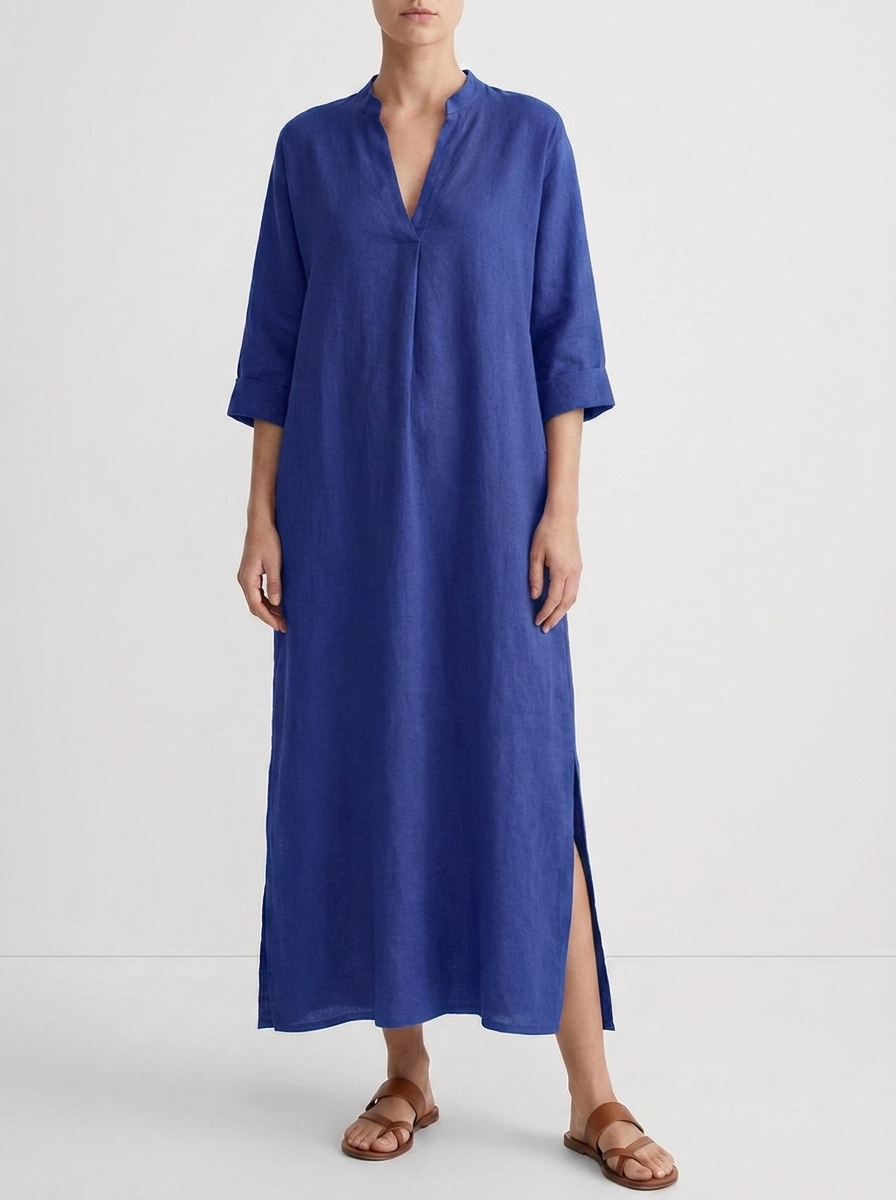 Annelise Women's Relaxed V-Neck Linen Blend Maxi Dress in Blue, model front view