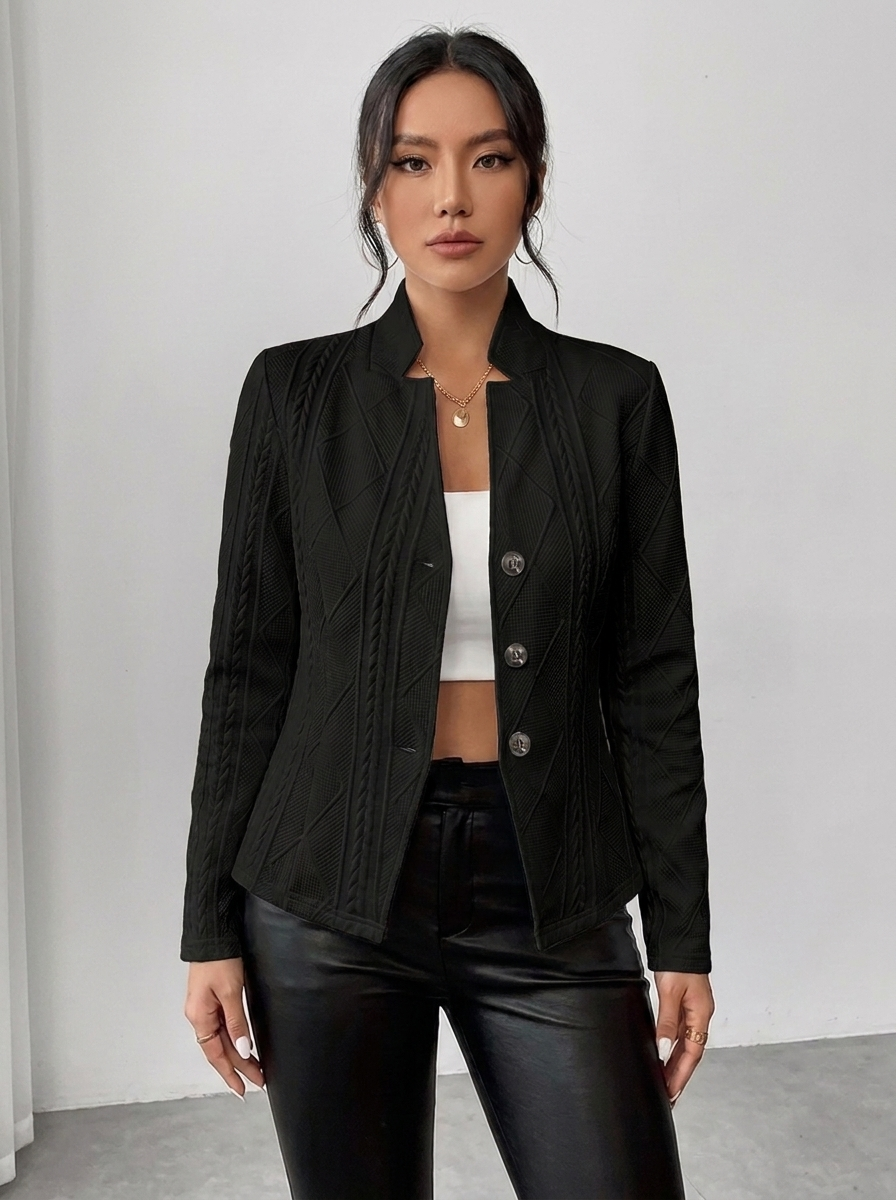 Louisa women's cable-knit tailored blazer jacket in black, front view
