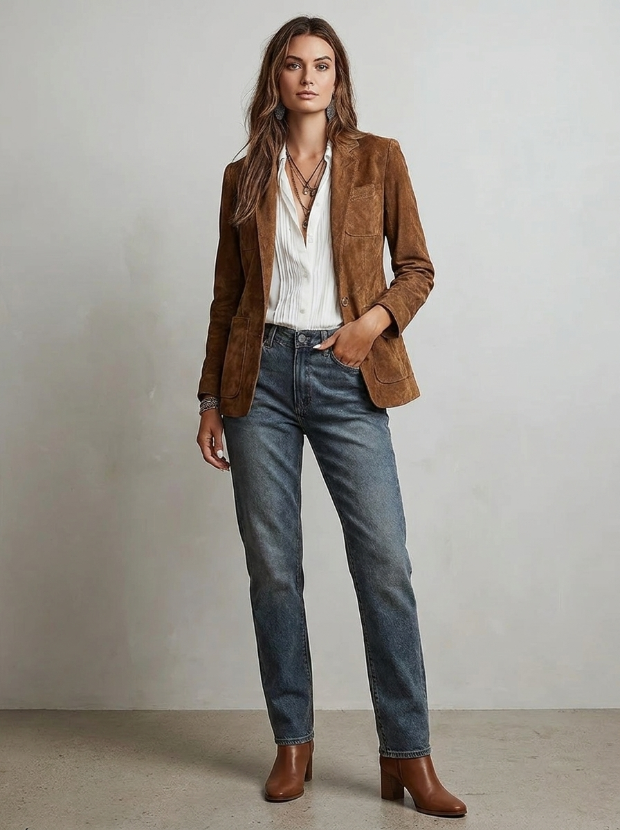 Evangeline women's tailored faux suede blazer in brown, full-body studio shot