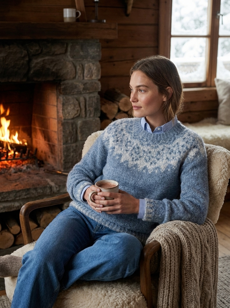 Clemence Fair Isle knit sweater styled fireside in a winter cabin