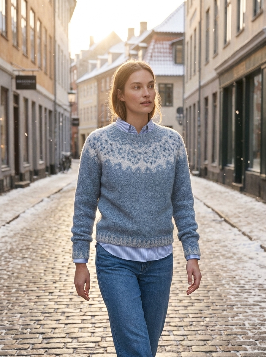 Clemence Fair Isle knit sweater on a snowy golden-hour city street