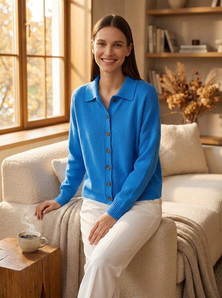 Mathilde blue collared knit cardigan, cozy autumn interior lifestyle