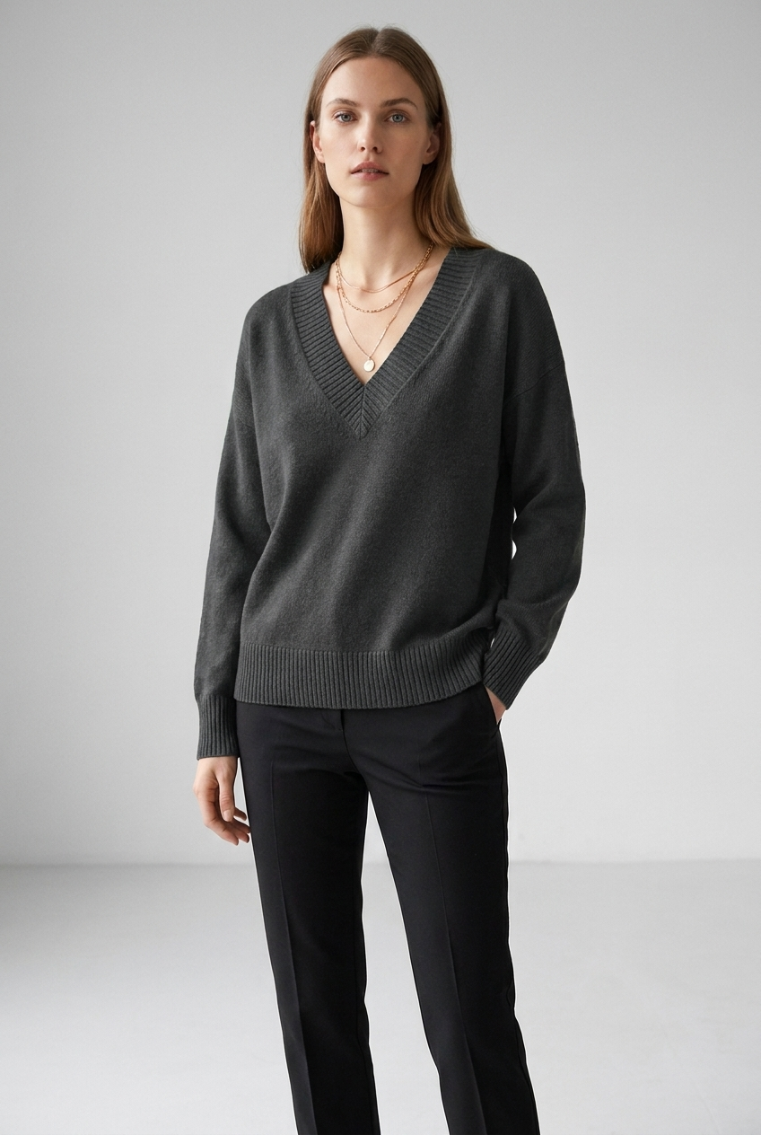 Solene V-neck relaxed fit cashmere blend sweater in dark gray, full-body studio