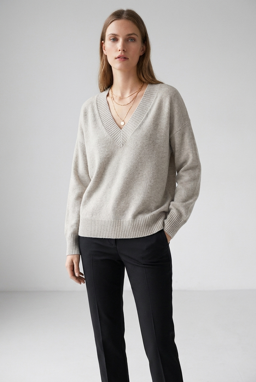 Solene V-neck relaxed fit cashmere blend sweater in beige, full-body studio