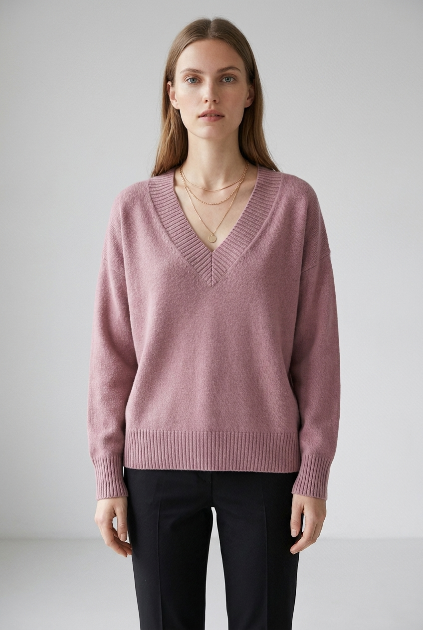 Solene V-neck relaxed fit cashmere blend sweater in pink, full-body studio