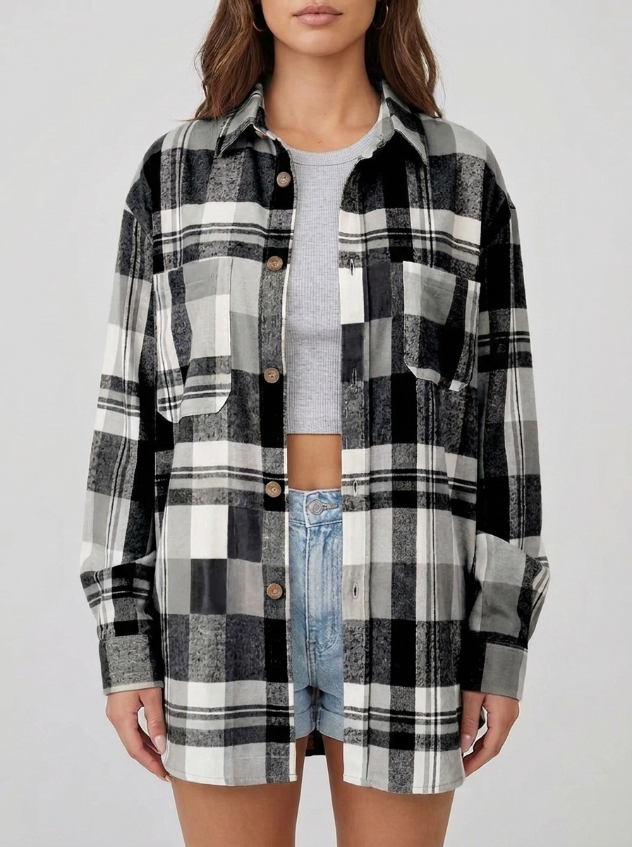 Philippa oversized plaid flannel shirt cardigan in black