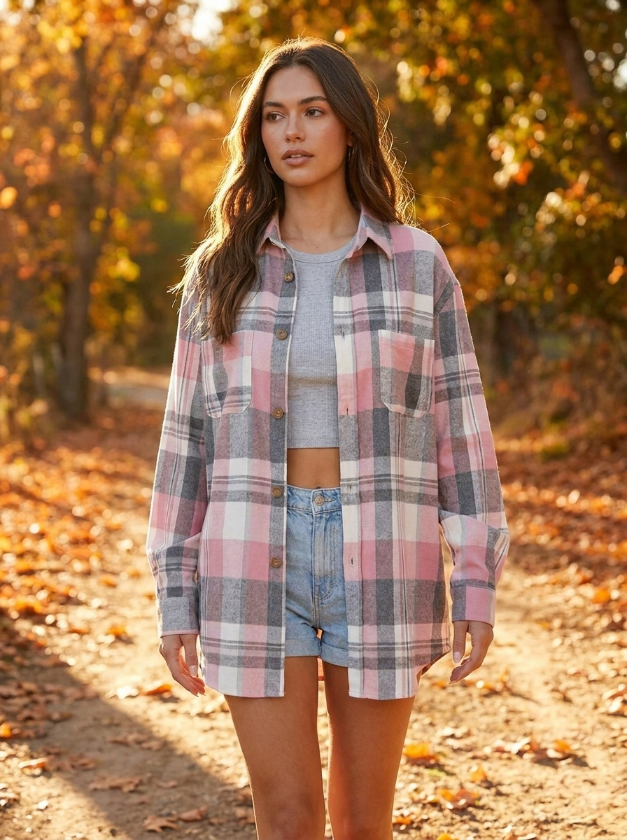 Philippa plaid flannel shirt cardigan in golden-hour autumn outdoors