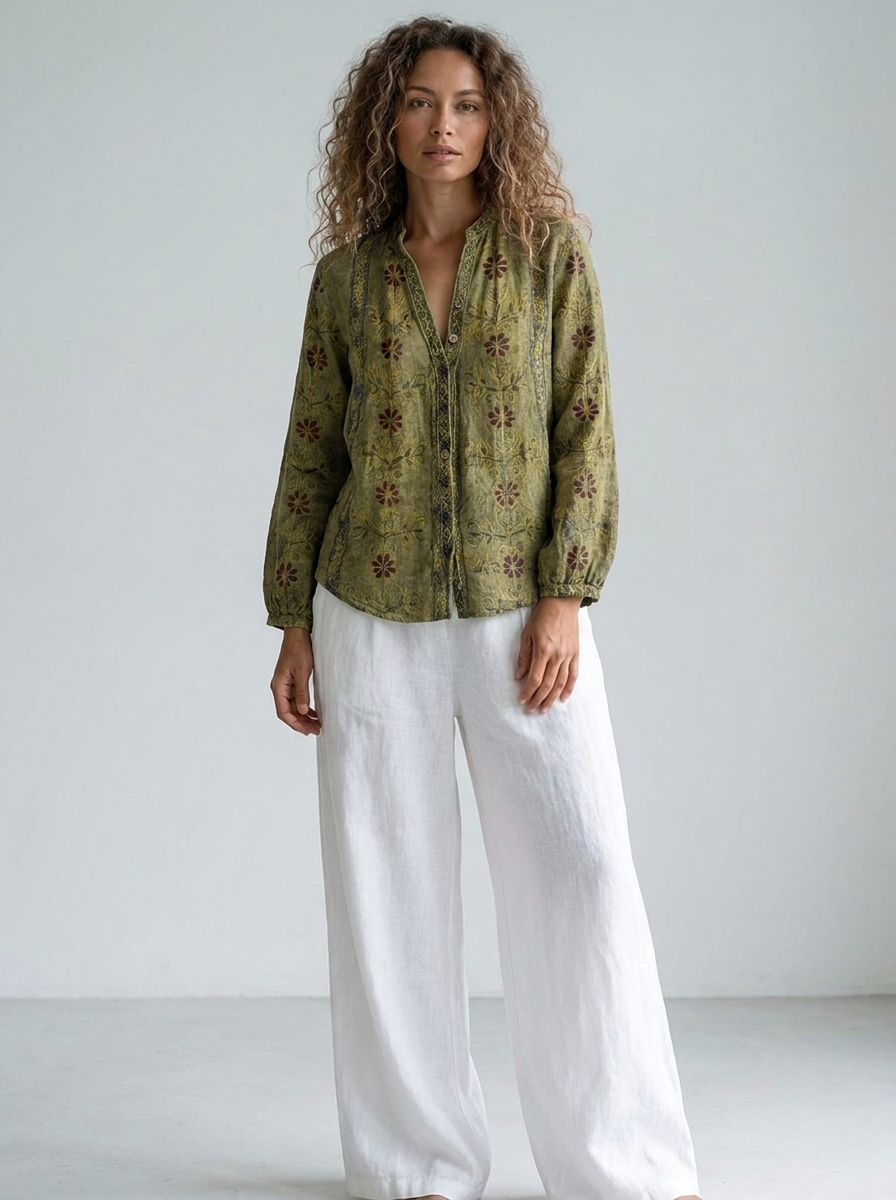 Cosette Women's Boho Linen Button-Down Blouse in Light Olive Green folk-flower print